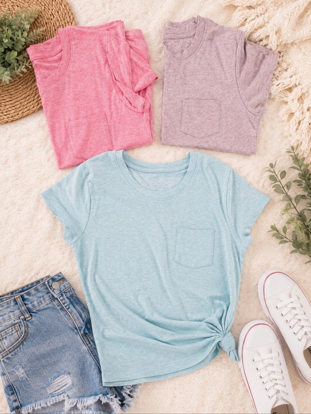 Falls Creek Girls' Short Sleeve Pocket Tees - Light Blue, Pink, Mauve